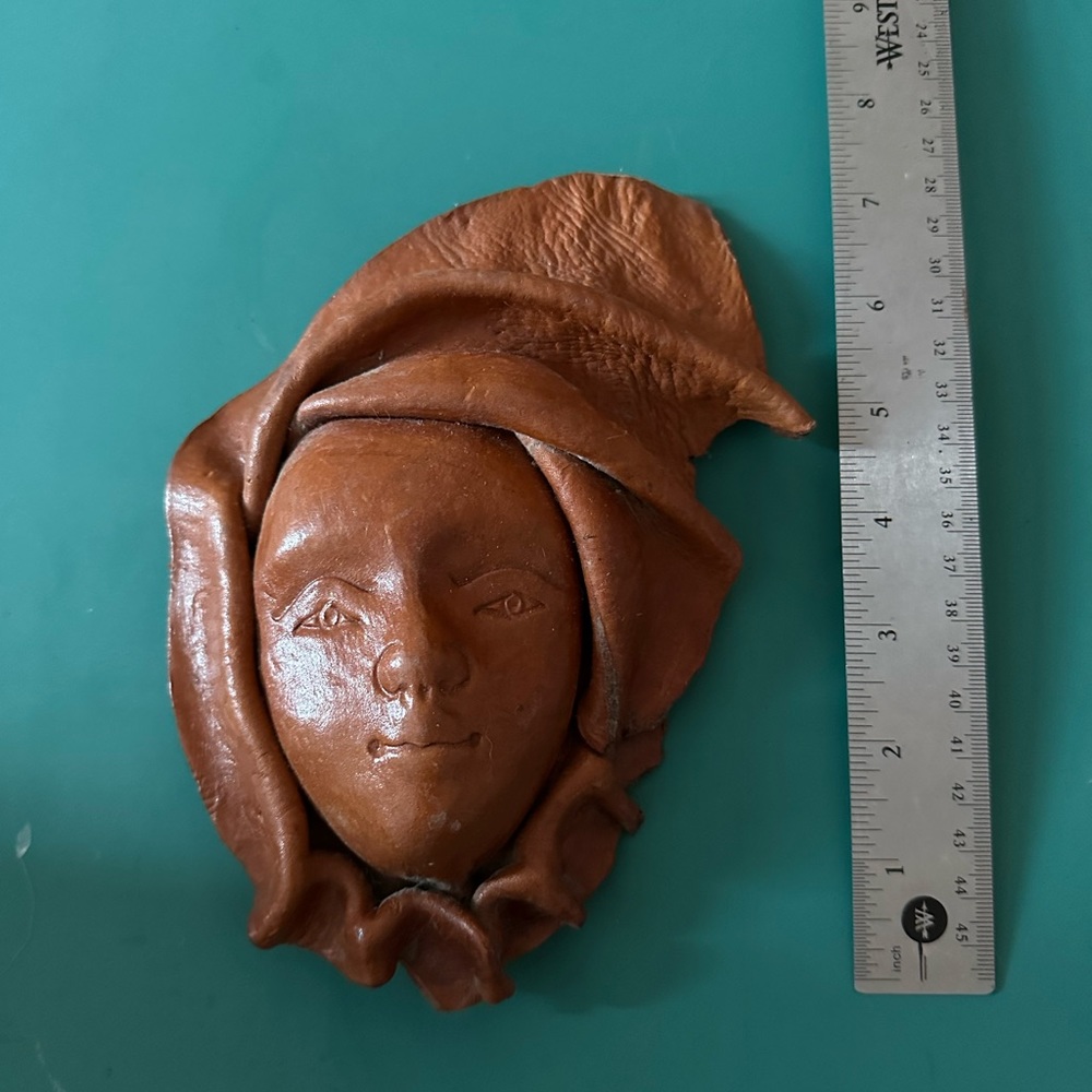 VTG Tribal Leather Woman's Face Hand Tool Molded Haitian Folk Art Wall Decor